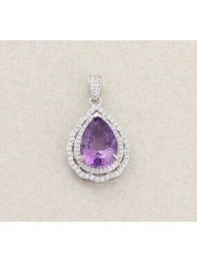 Sterling Silver Natural Pear Cut Amethyst & Cubic Zirconia Halo Pendant